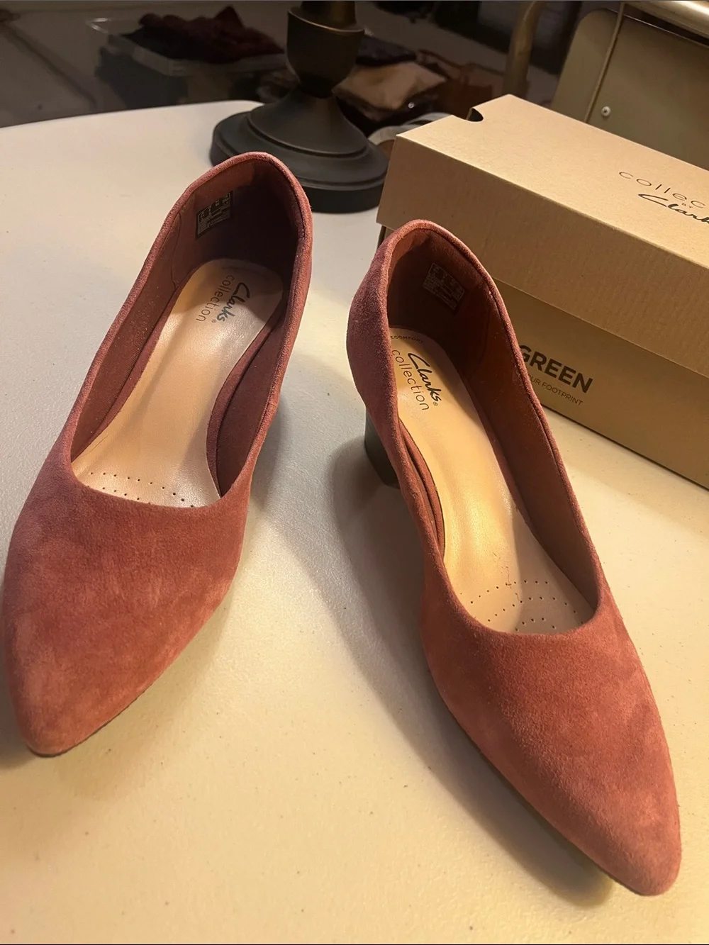 Clarks Women’s Rose-Pink Suede Low Block Heel Pumps